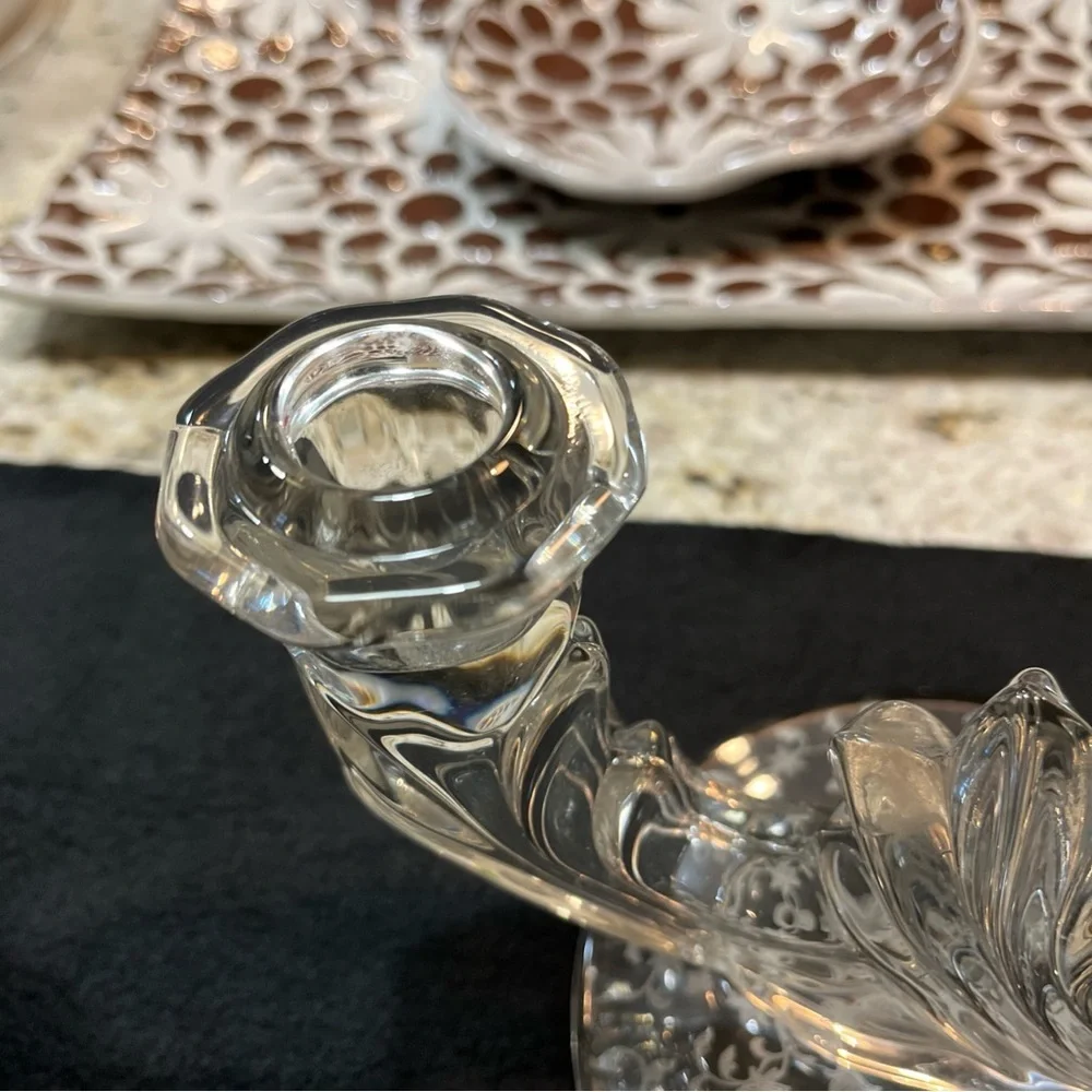 Fostoria double candle holder in Navarre pattern etched glass. Set of 2. - Picture 8 of 10